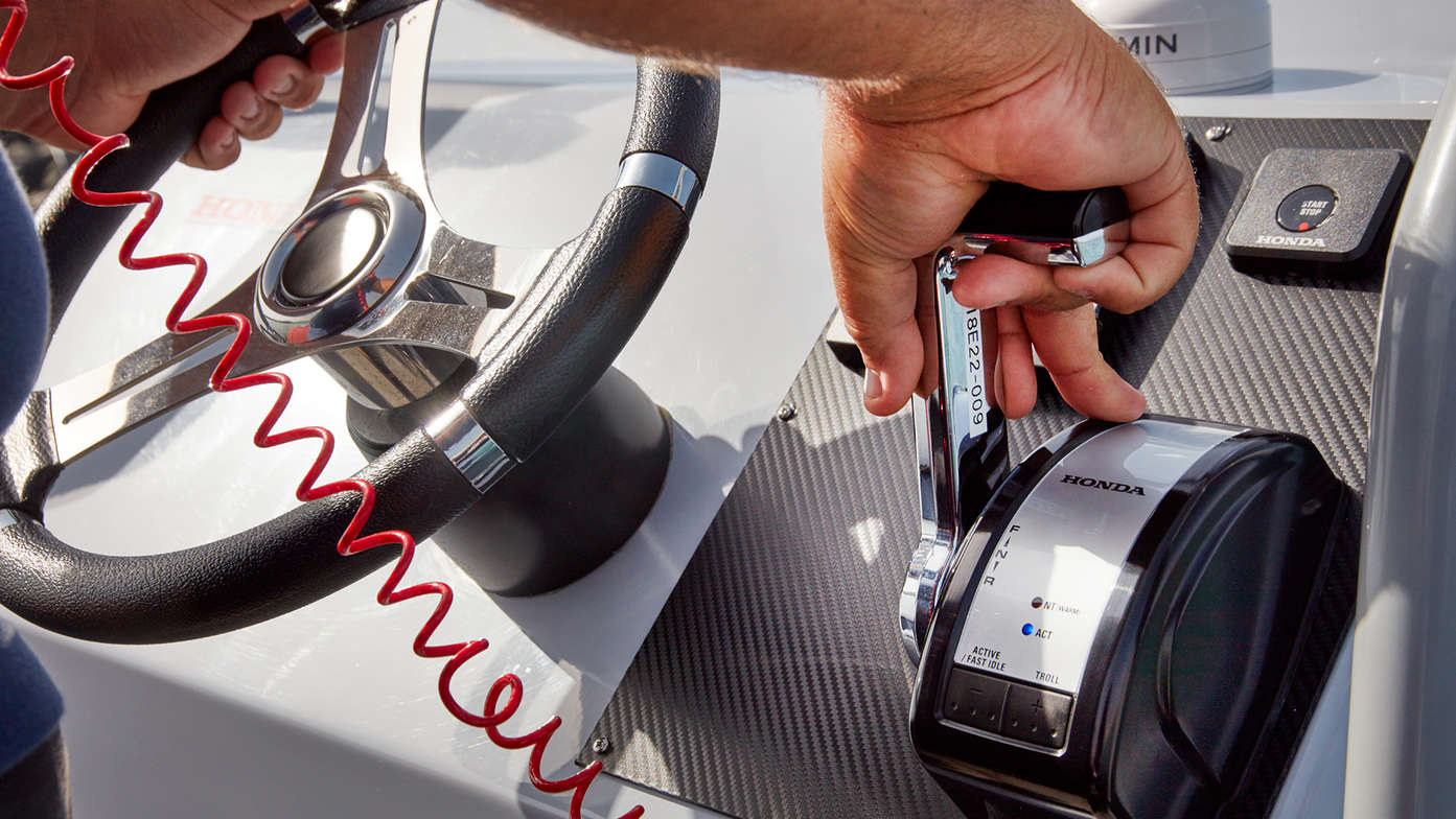 Close up of the console and driving gears of a Highfield RIB boat