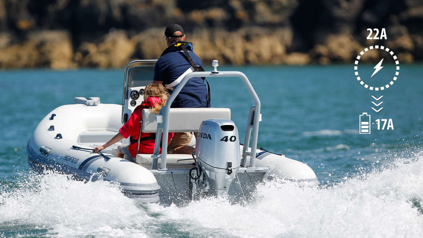 rear angled view of couple steering highfield boat powered by a 40 horsepower honda outboard engine