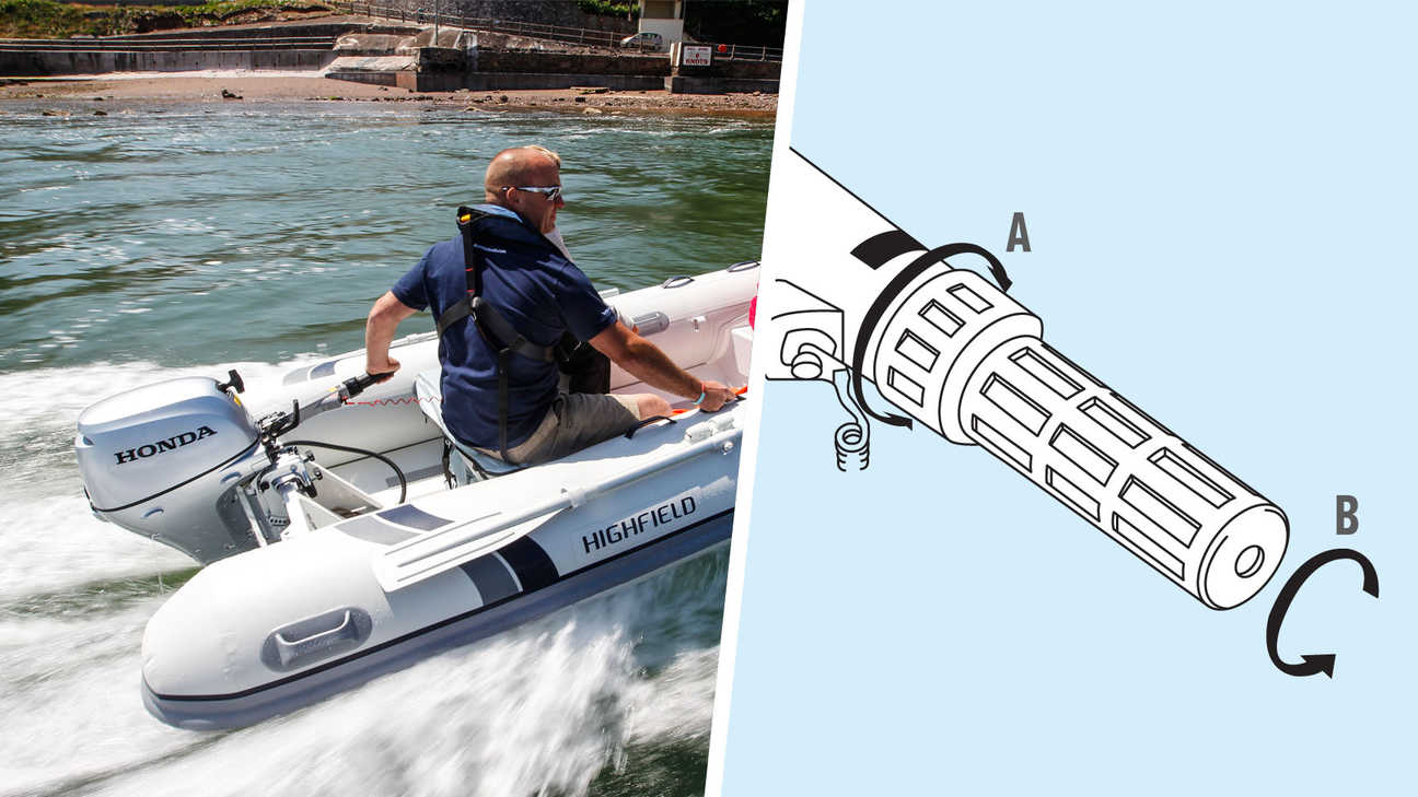 photo of man on highfield boat with honda outboard motor and illustration of forward mount shift lever