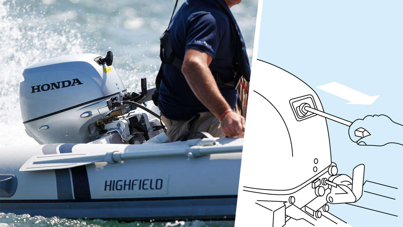 side view of highfield boat with honda marine engine and illustration of decompression system to demonstrate easy starting