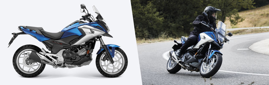 Side shot of stationary NC750X and side shot of NC750X being ridden