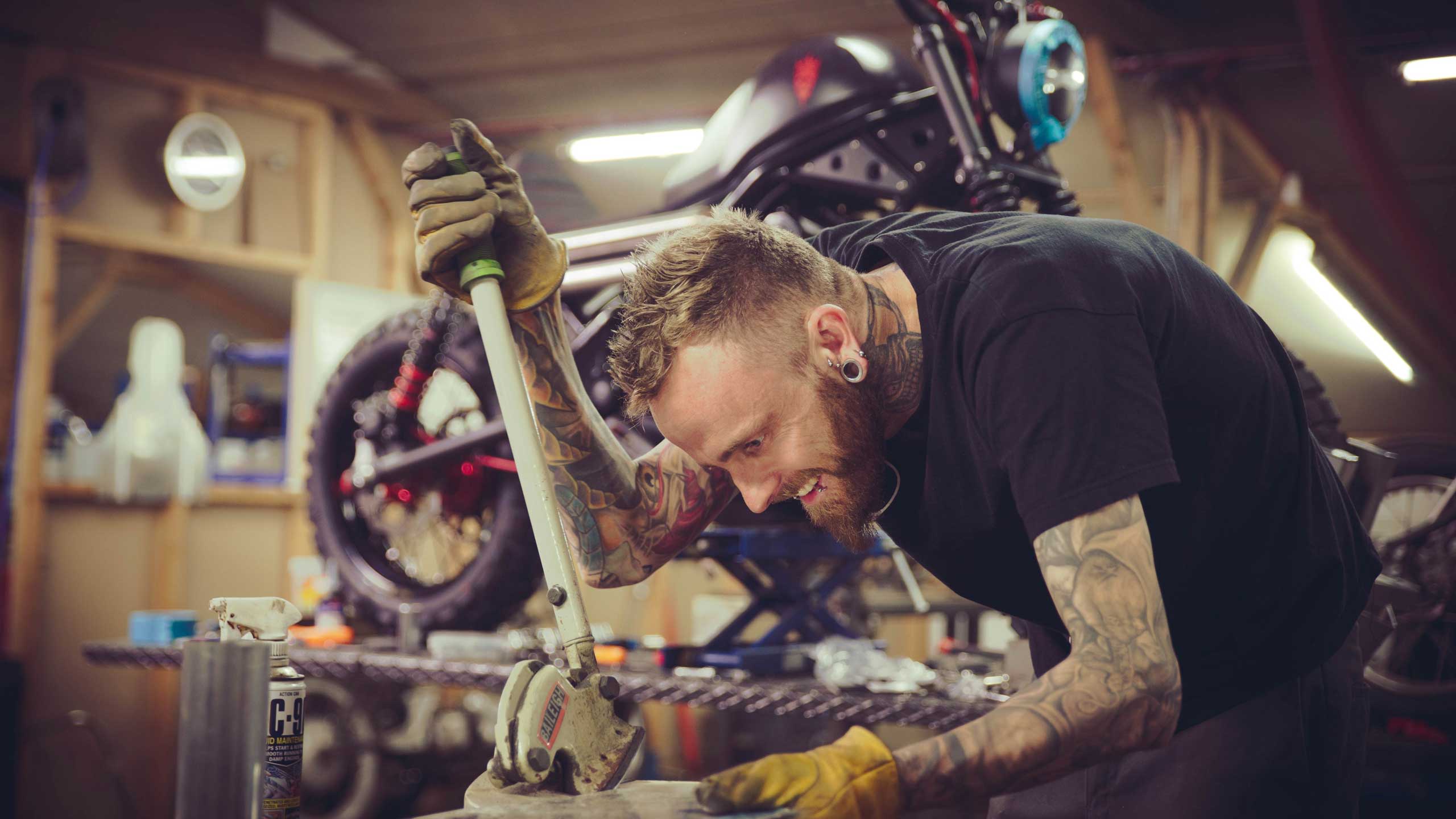 Custom motorcycle builder at work