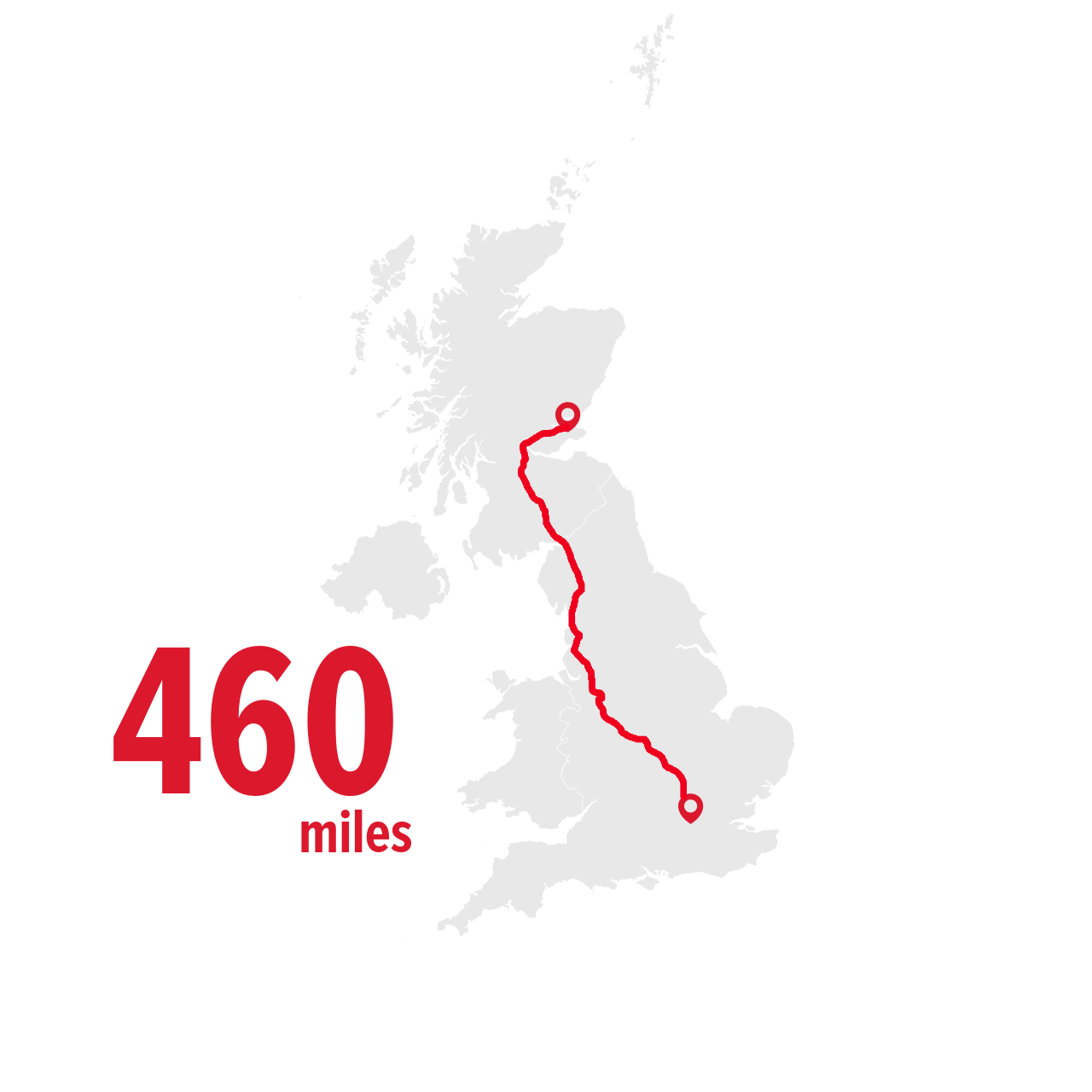 UK map showing Watford and Dundee 460 miles apart