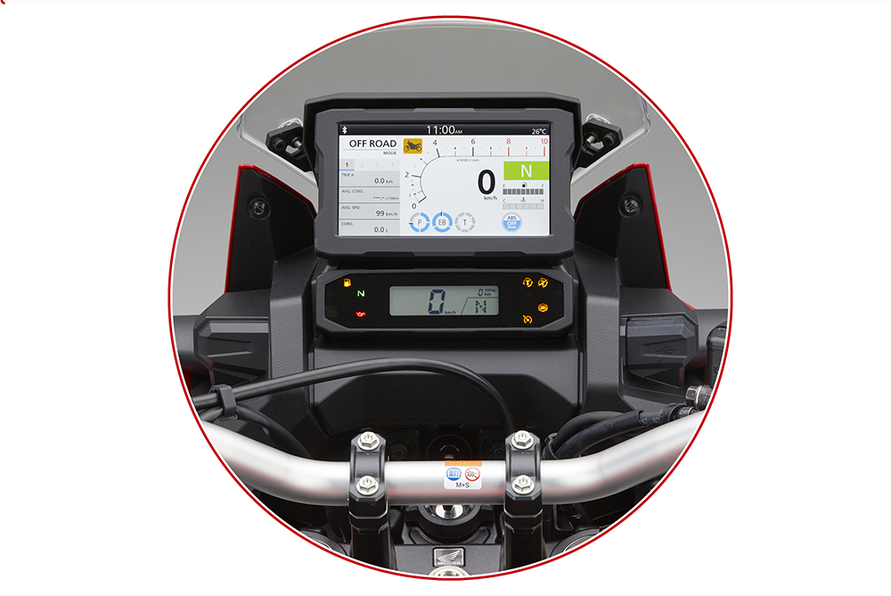 Close up of new, 2020 Honda Afria Twin multi-information display with bluetooth and Apple CarPlay functionality