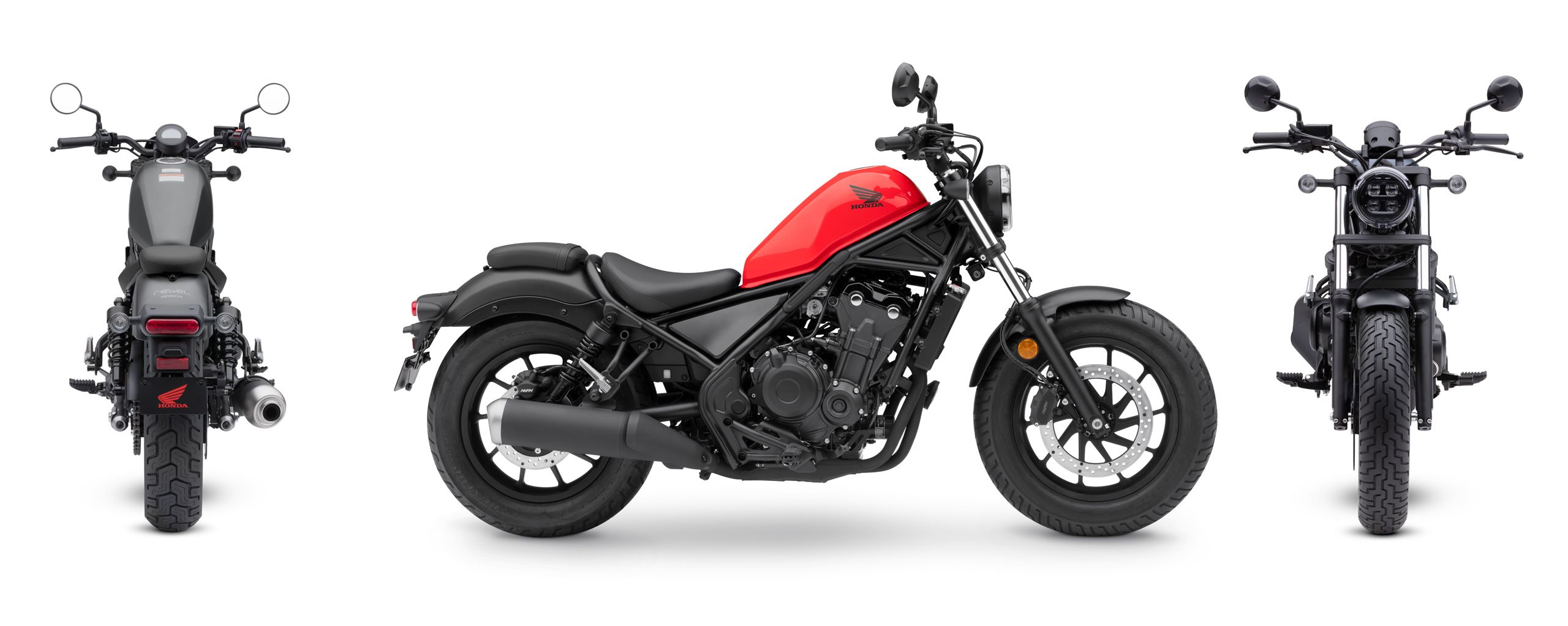 Rear, side and front view of a red and black CMX500 Rebel