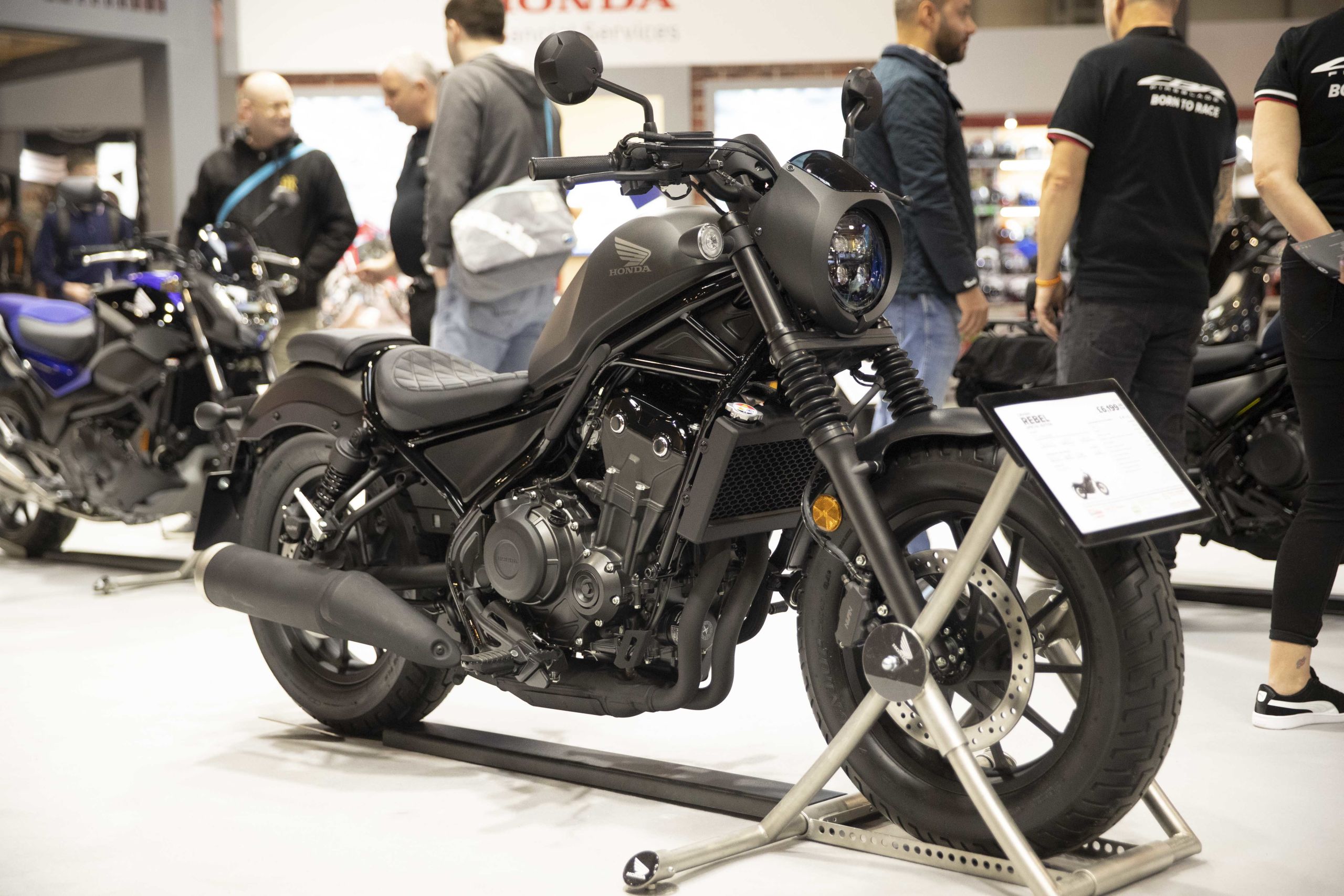 Black Honda CMX500 Rebel street bike on stand at Motorcycle Live 2019