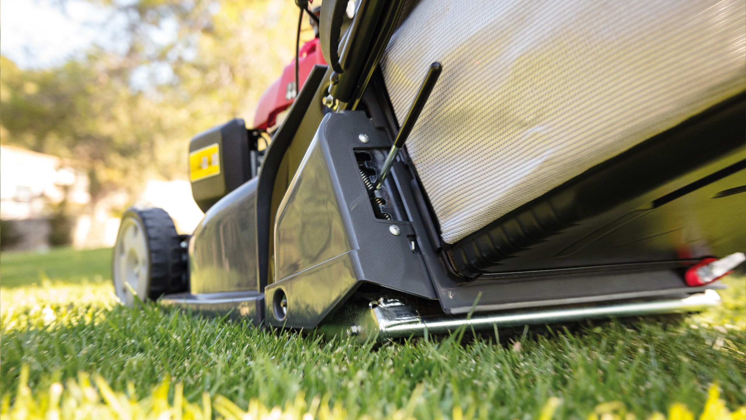 close up of honda lawn mower cutting grass